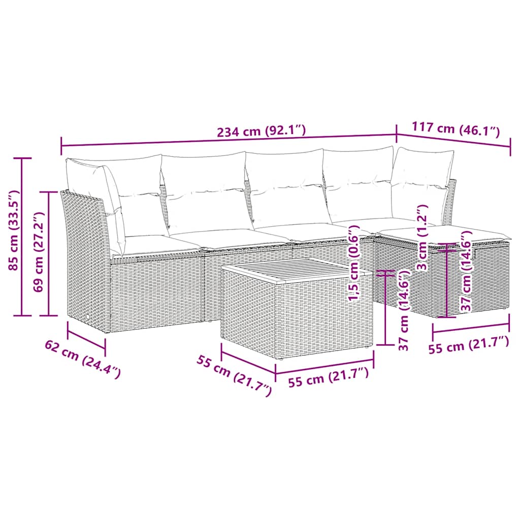 vidaXL 6-delige Loungeset met kussens poly rattan zwart