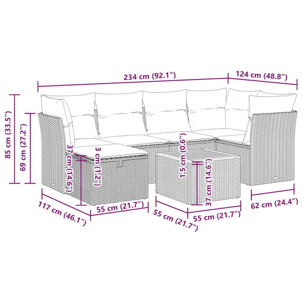 vidaXL 7-Piece Lounge Set with Cushions Poly Rattan Black