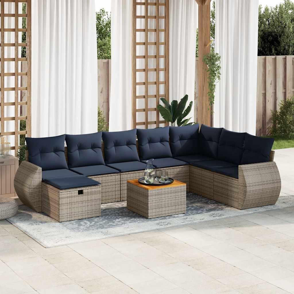 vidaXL 9-delige tuinbankset met kussens, grijs polyrotan