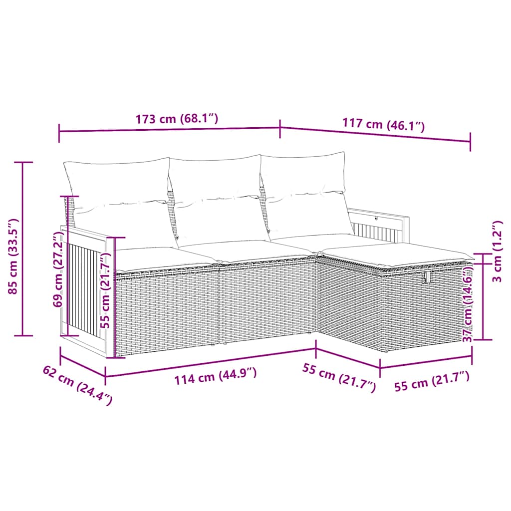 vidaXL 4-delige Loungeset met kussens poly rattan grijs