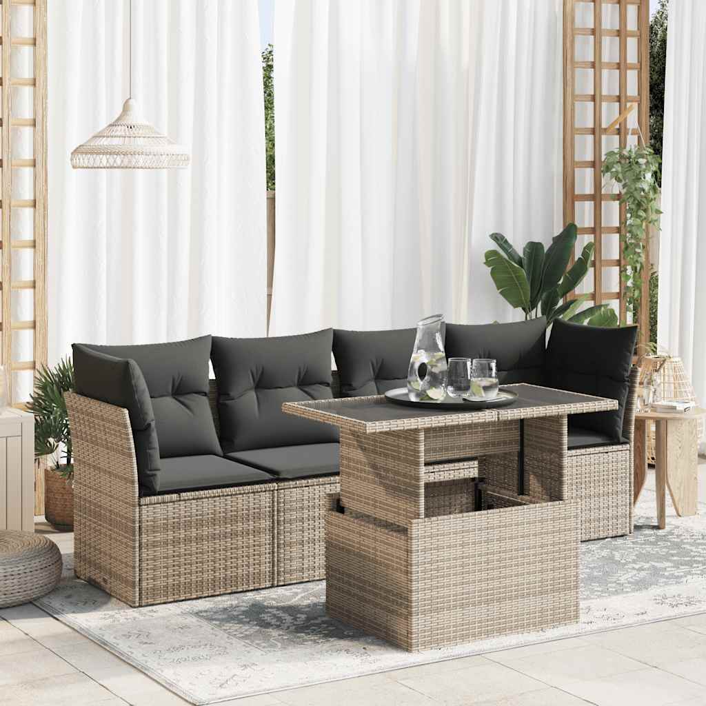 vidaXL 5-delige Loungeset met kussens poly rattan zwart