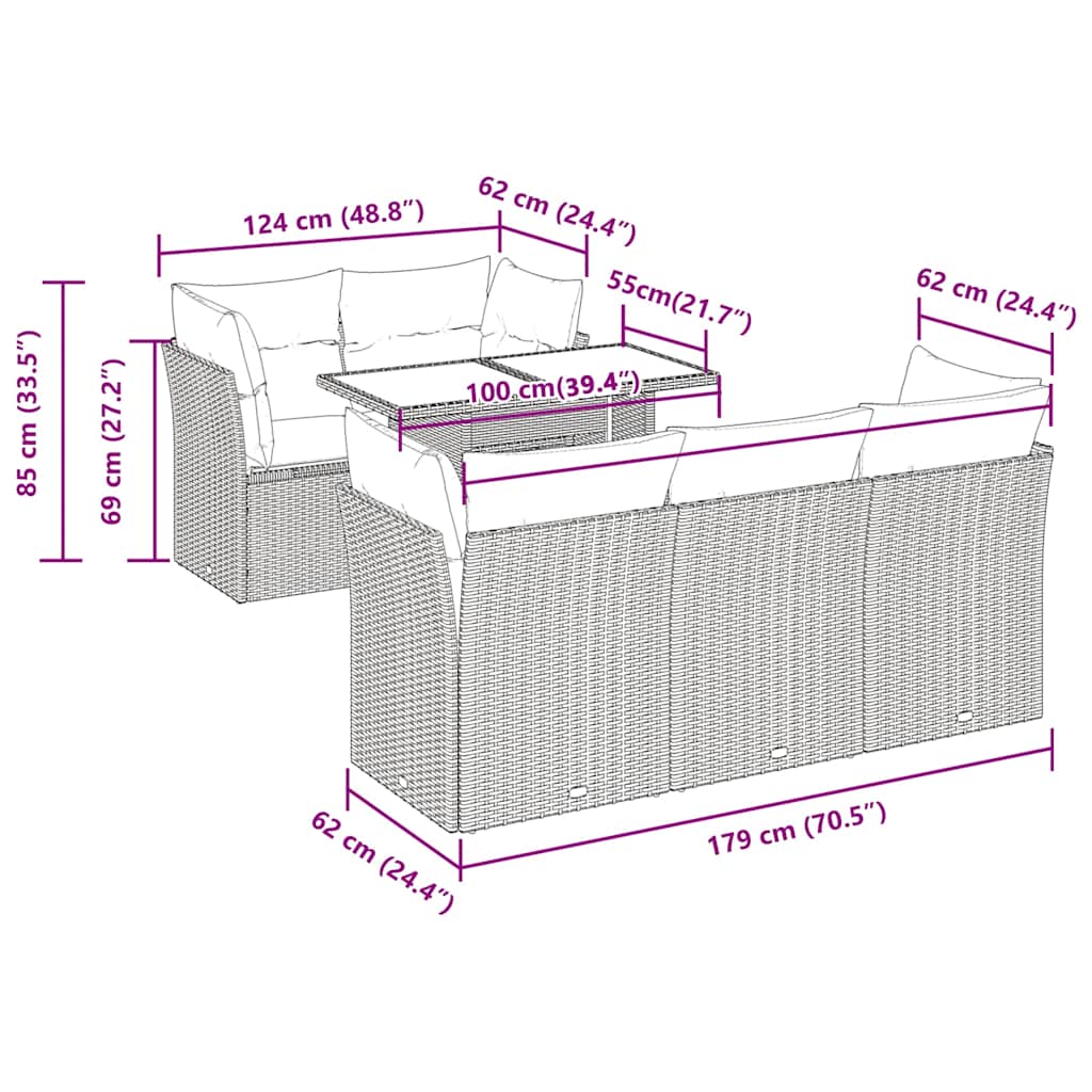 vidaXL 6-delige Loungeset met kussens poly rattan zwart