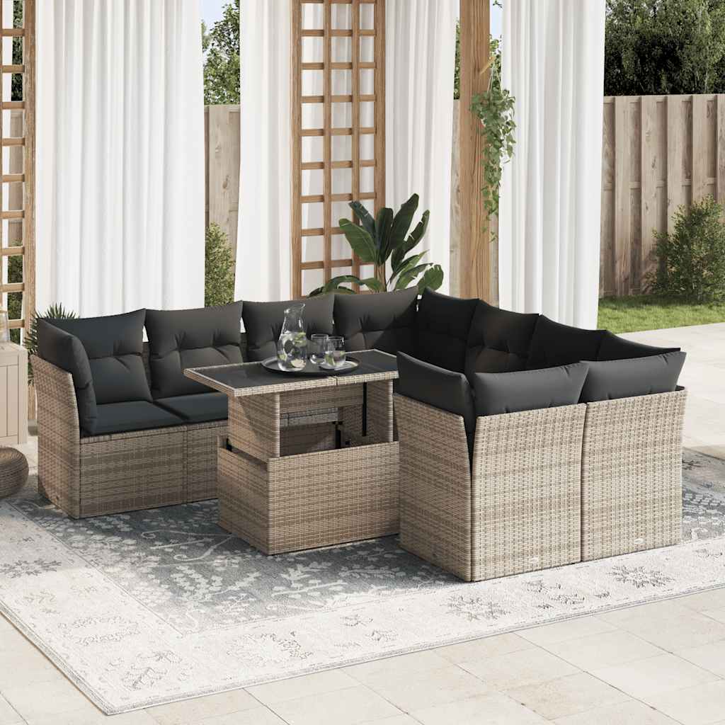 vidaXL 9-delige Loungeset met kussens poly rattan zwart