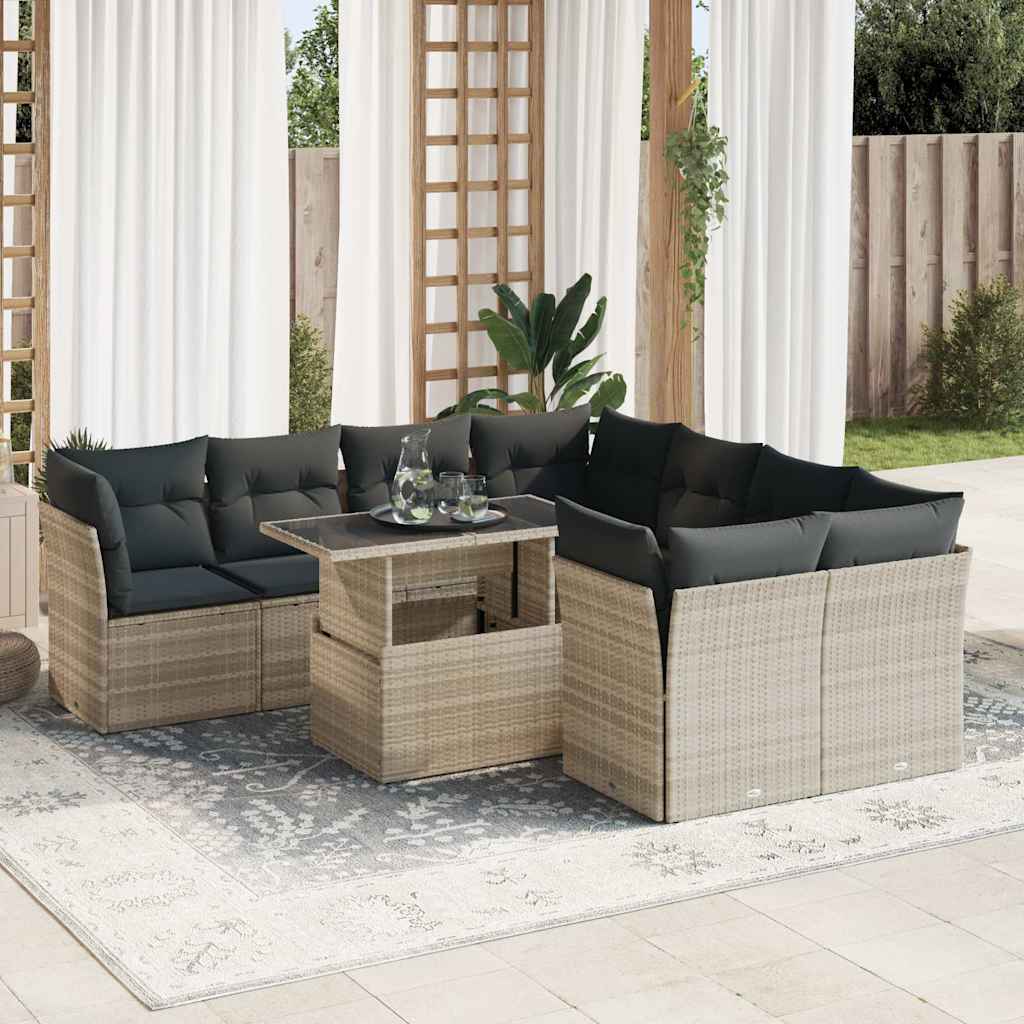 vidaXL 9-delige Loungeset met kussens poly rattan zwart