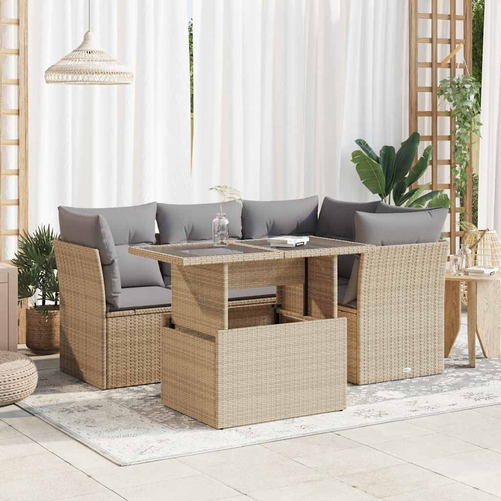vidaXL 5-delige Loungeset met kussens poly rattan zwart
