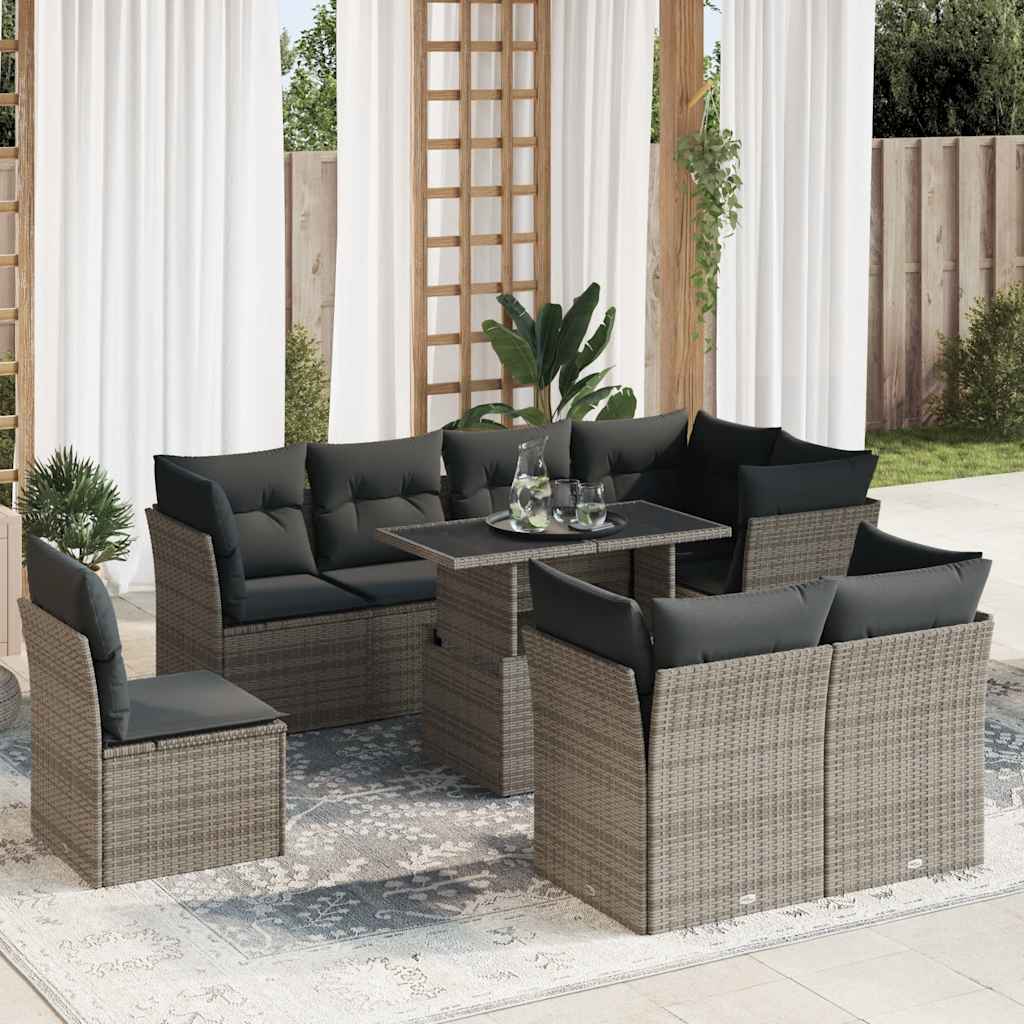 vidaXL 9-delige Loungeset met kussens poly rattan zwart