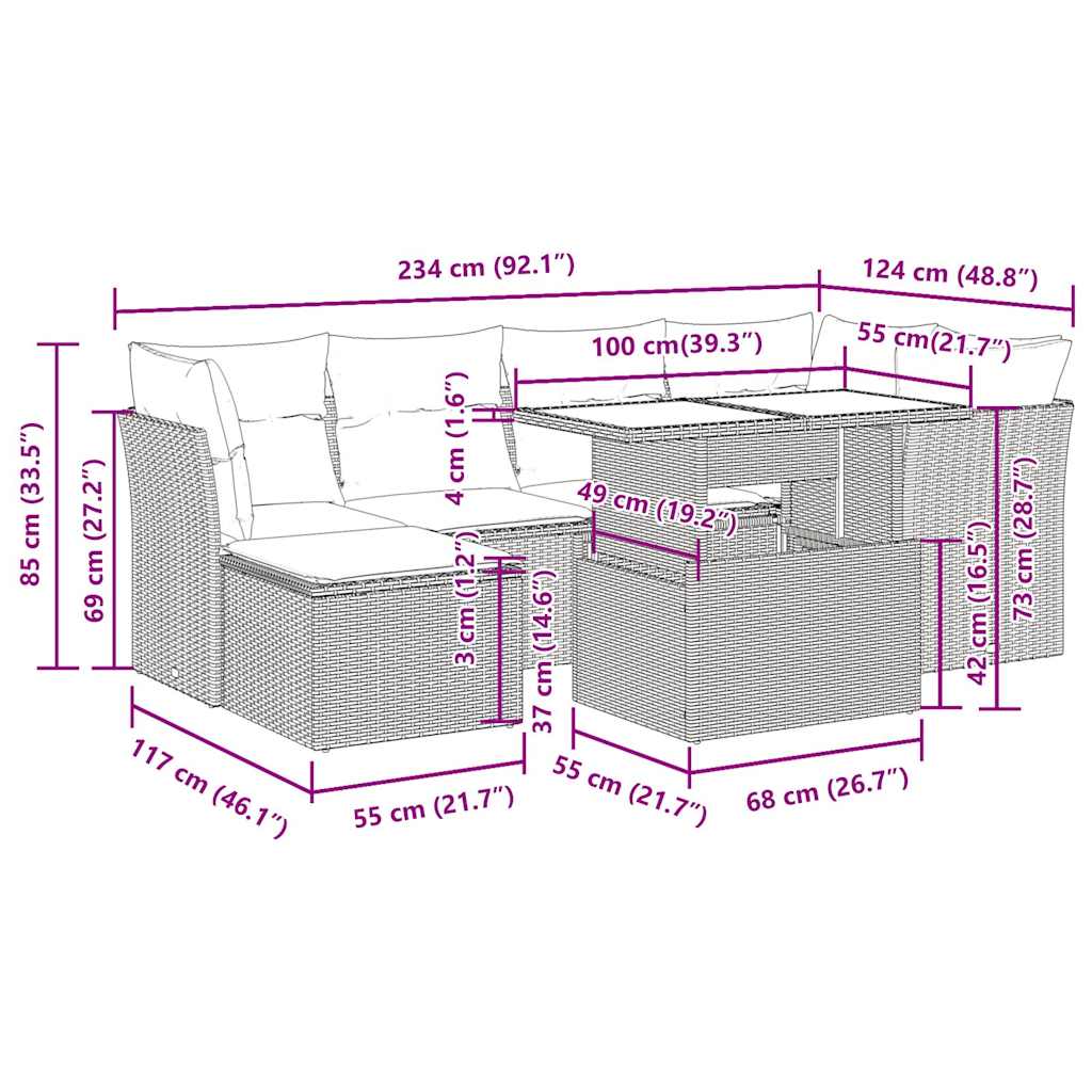 vidaXL 7-delige Loungeset met kussens poly rattan acacia zwart