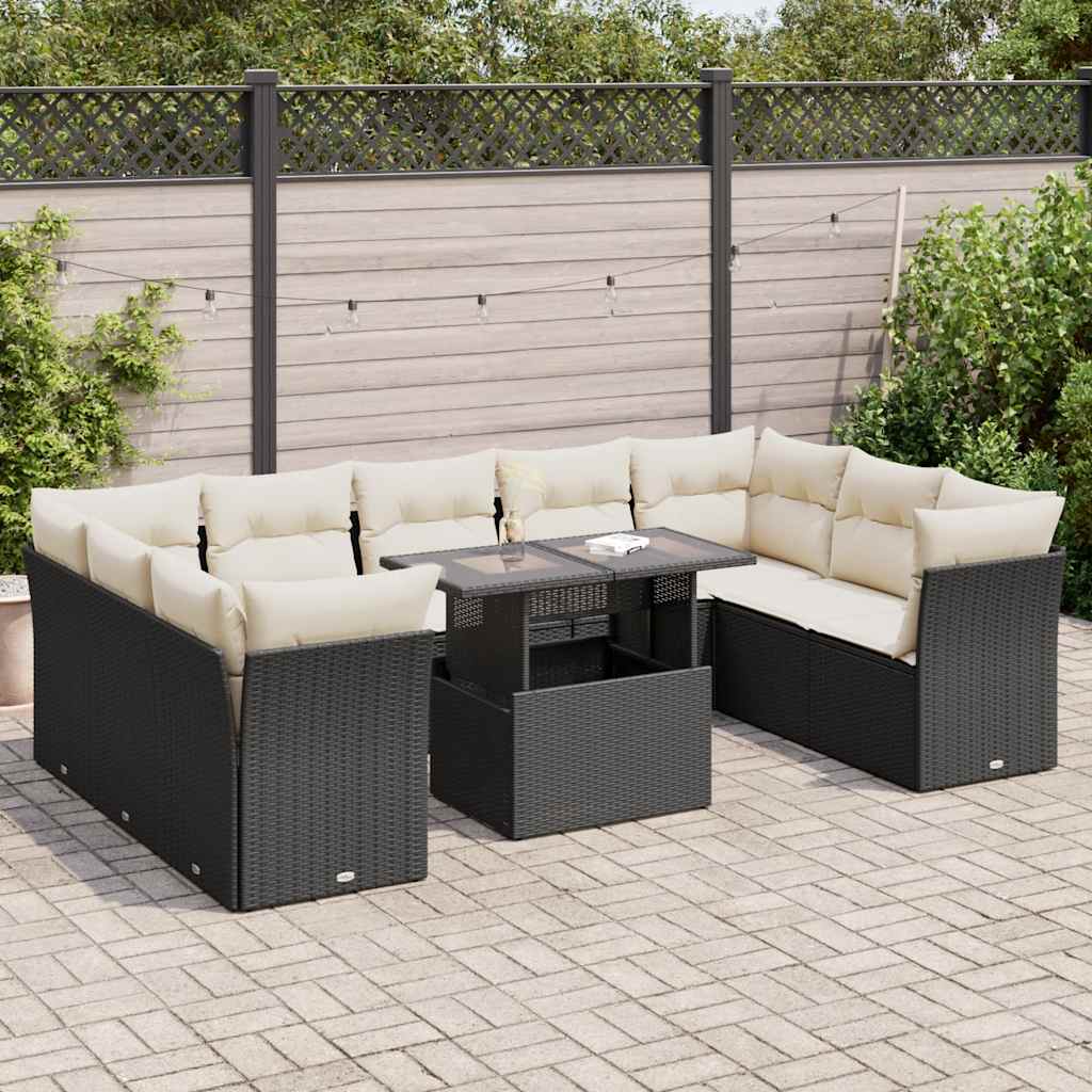 vidaXL 10-delige Loungeset met kussens poly rattan zwart