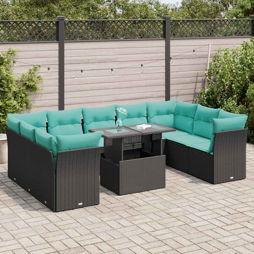 vidaXL 10-delige tuinbankset met kussens van zwart polyrotan