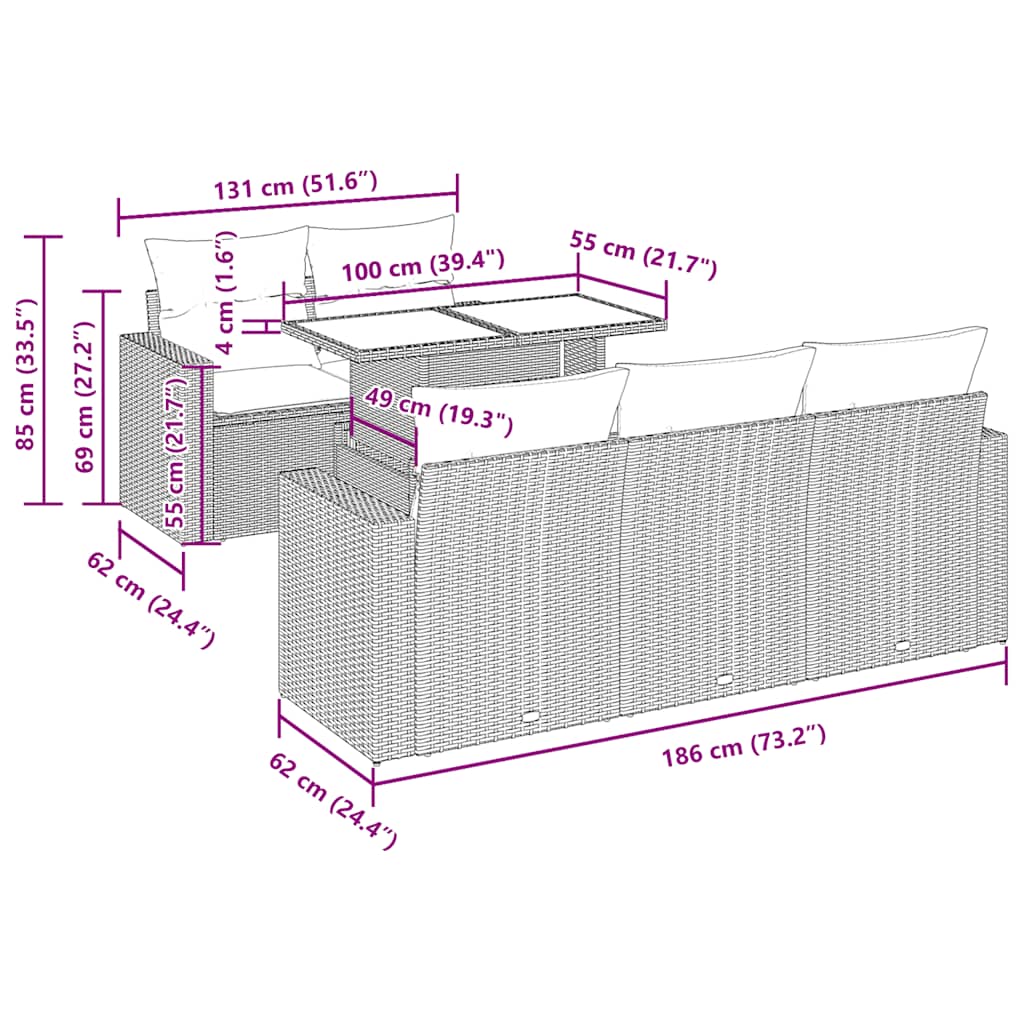 vidaXL 6-delige Loungeset met kussens poly rattan zwart