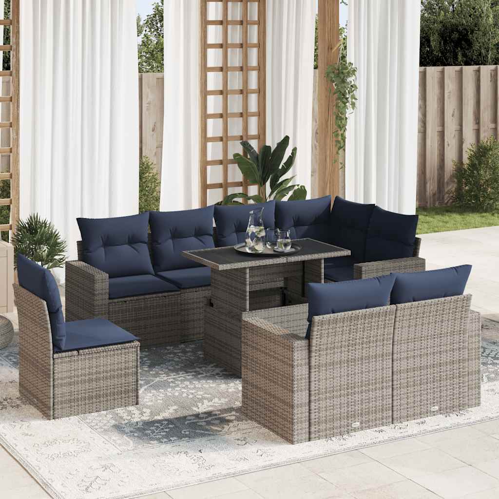 vidaXL 9-delige tuinbankset met kussens van zwart polyrotan