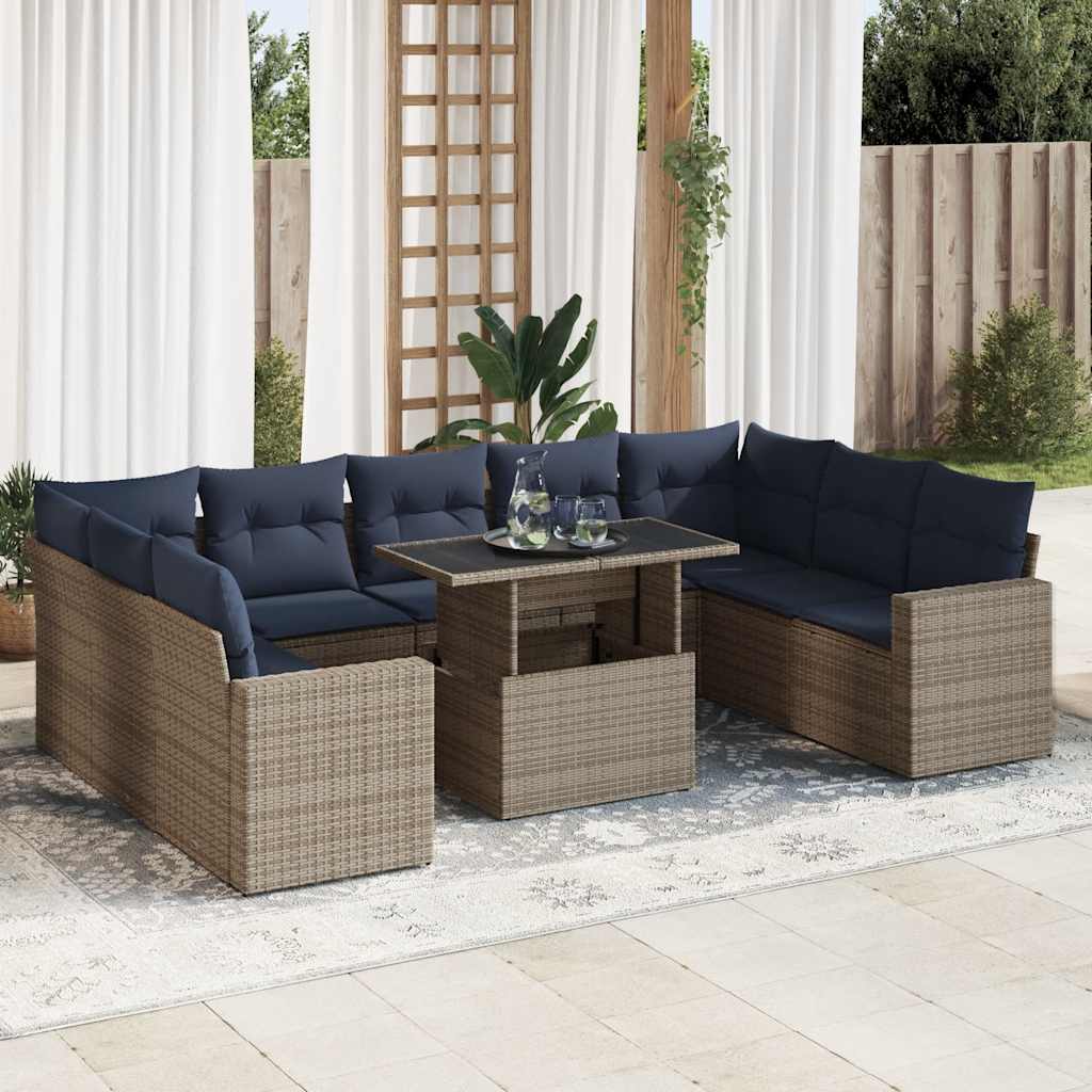 vidaXL 10-Piece Lounge Set with Cushions Poly Rattan Acacia Grey