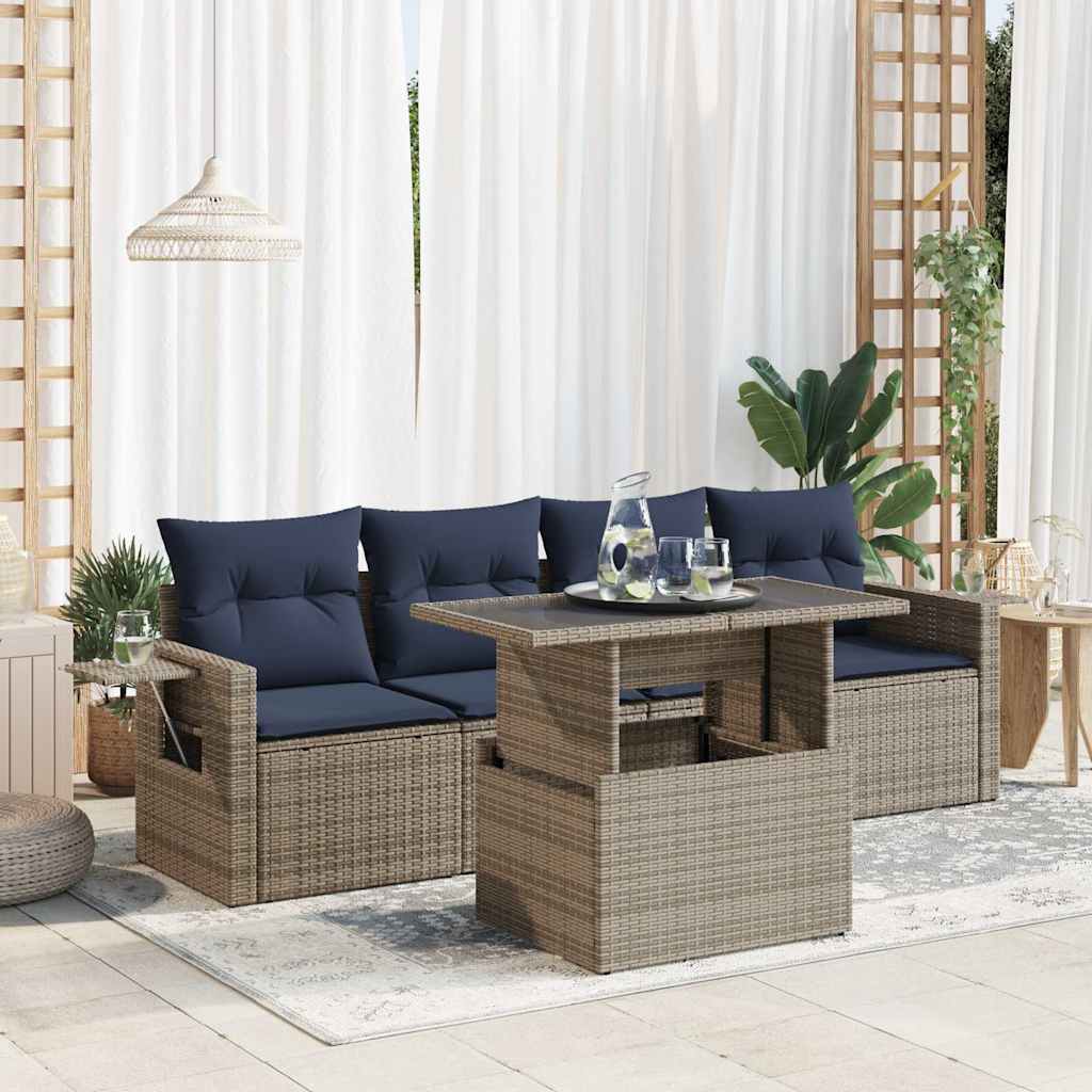 vidaXL 5-piece Garden Sofa Set with Cushions Black Poly Rattan
