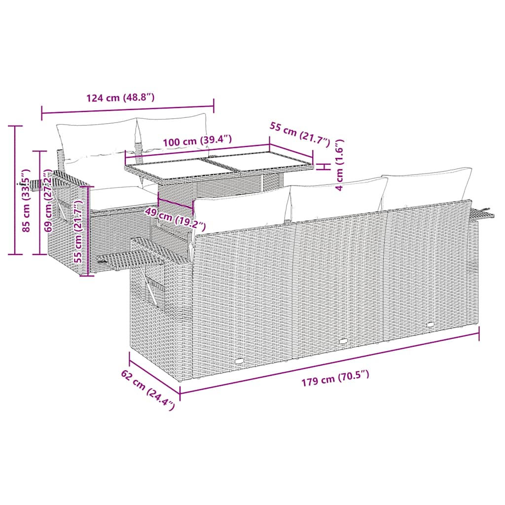 vidaXL 6-delige Loungeset met kussens poly rattan acacia zwart