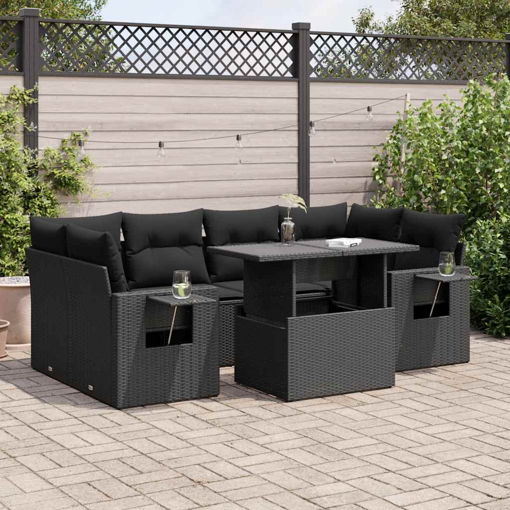 vidaXL 7-delige Loungeset met kussens poly rattan zwart