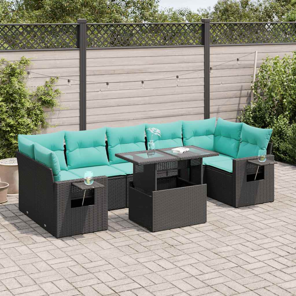 vidaXL 8-delige tuinbankset met kussens, zwart polyrotan