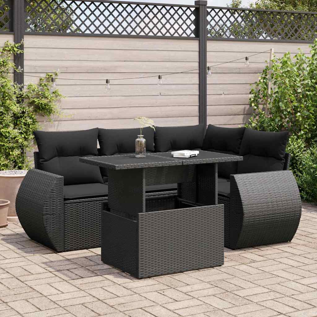 vidaXL 5-delige Loungeset met kussens poly rattan zwart