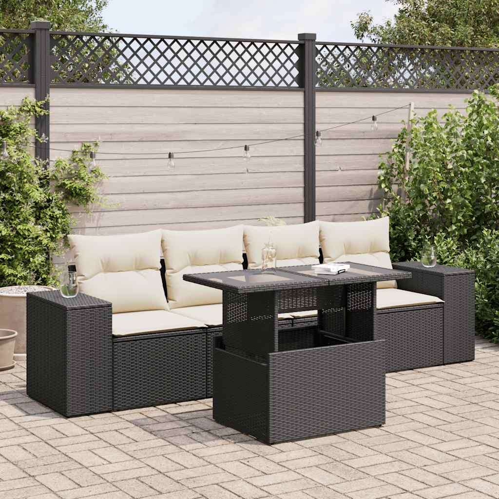 vidaXL 5-delige Loungeset met kussens poly rattan zwart