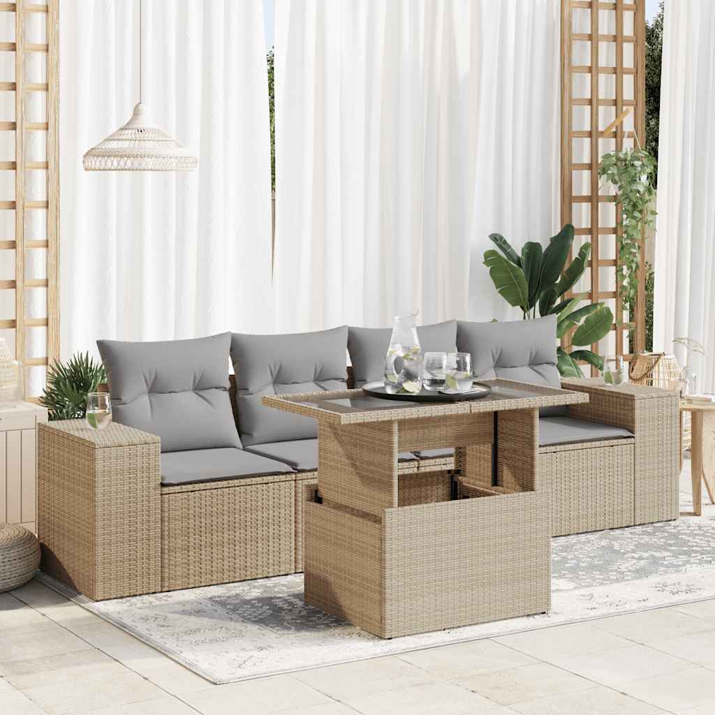 vidaXL 5-delige Loungeset met kussens poly rattan zwart