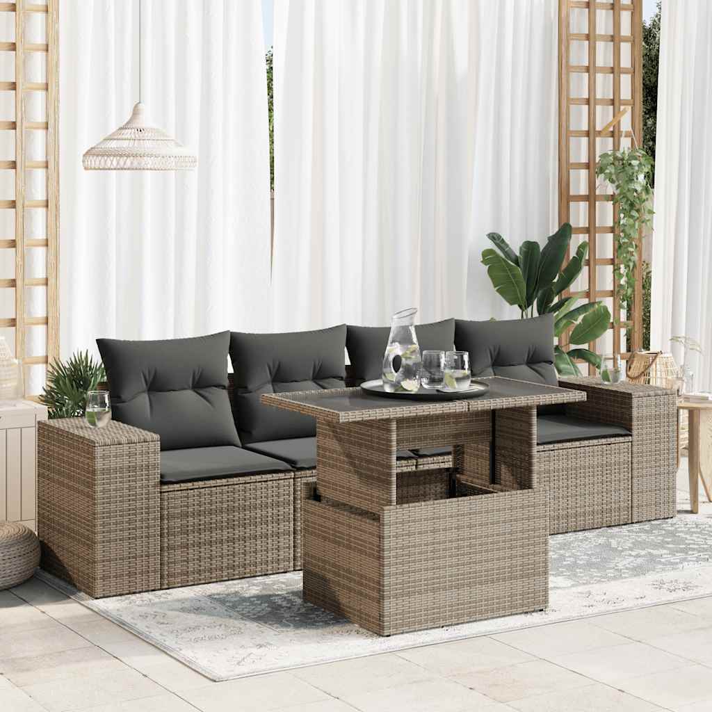 vidaXL 5-delige Loungeset met kussens poly rattan zwart