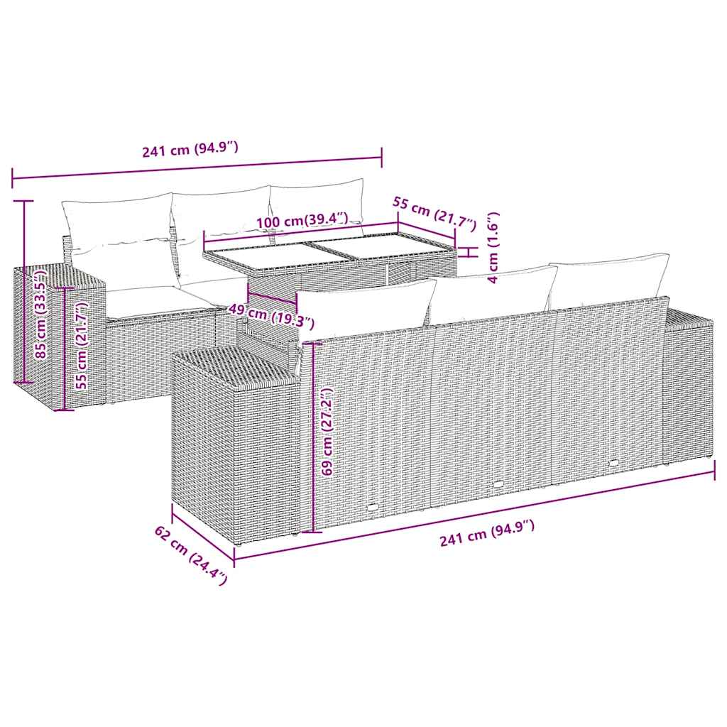 vidaXL 7-delige Loungeset met kussens poly rattan zwart