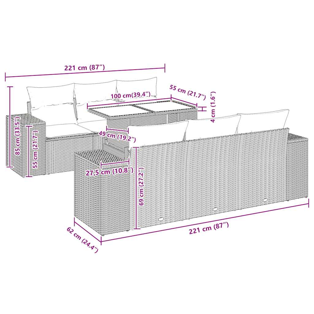 vidaXL 7-delige Loungeset met kussens poly rattan acacia zwart