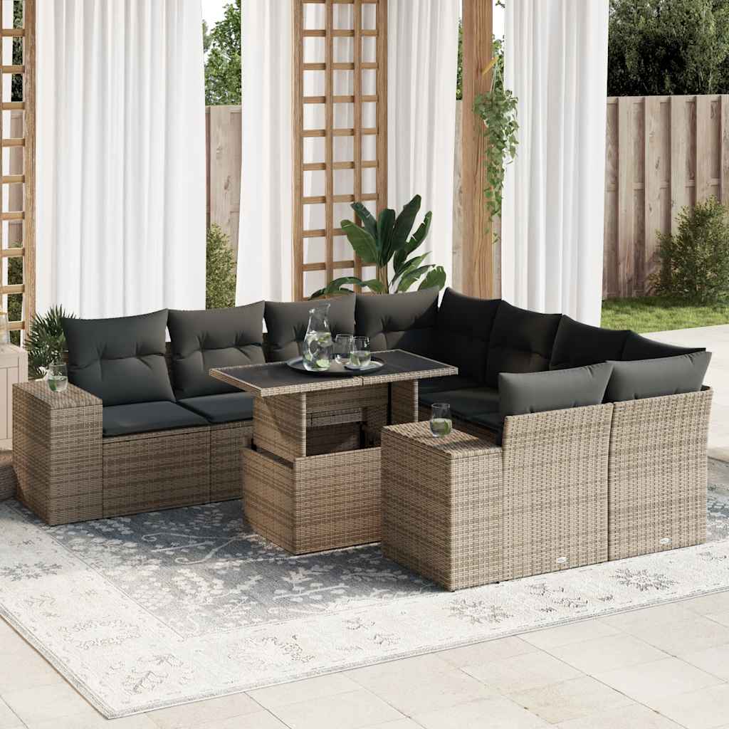 vidaXL 9-delige Loungeset met kussens poly rattan zwart