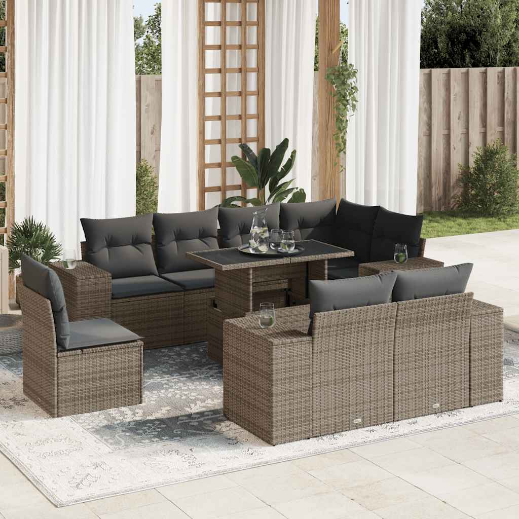 vidaXL 9-delige Loungeset met kussens poly rattan zwart