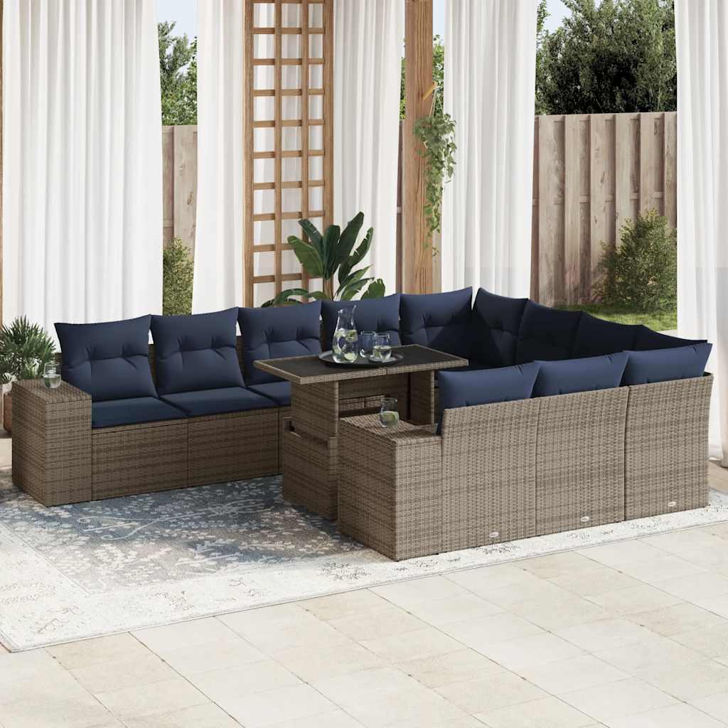 vidaXL 11-Piece Lounging Set with Cushions Poly Rattan Acacia Grey