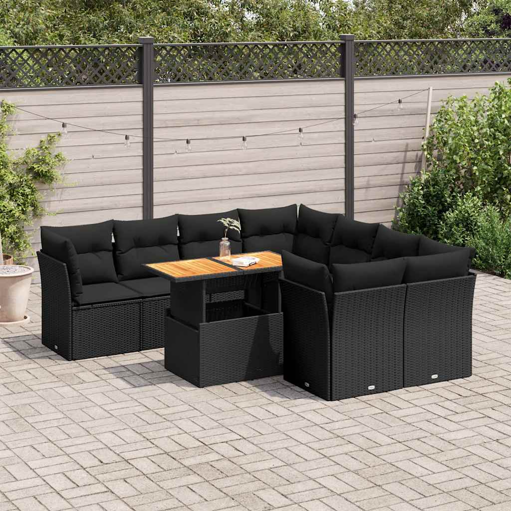 vidaXL 9-delige Loungeset met kussens poly rattan zwart