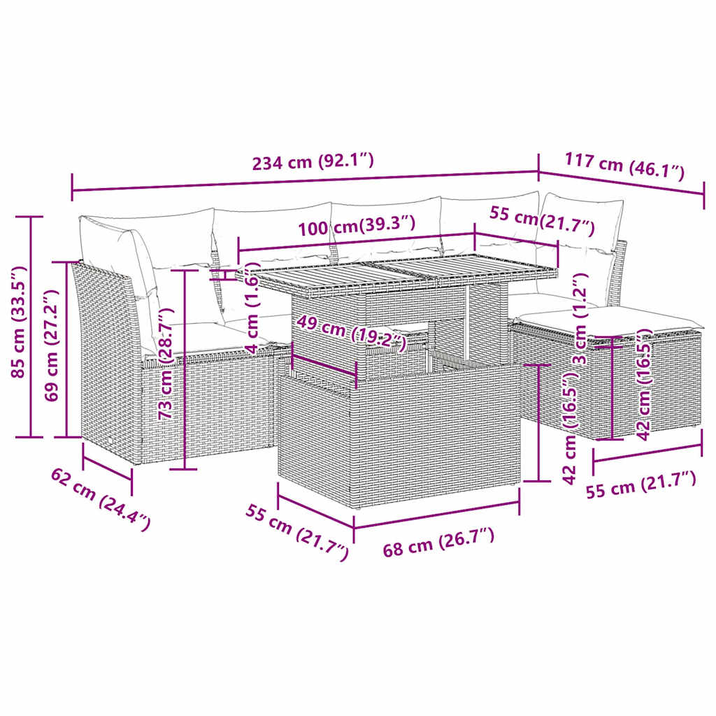 vidaXL 6-delige Loungeset met kussens poly rattan zwart