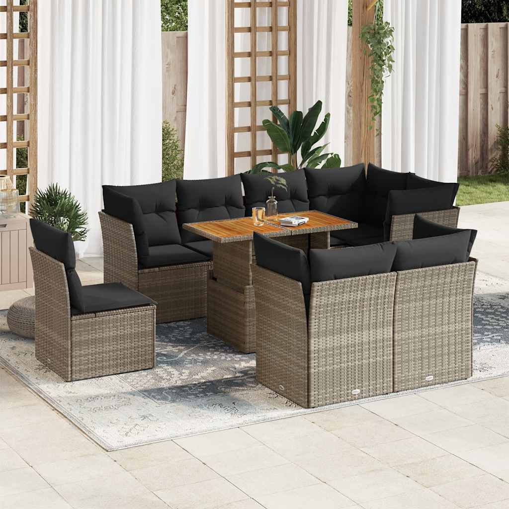 vidaXL 9-delige Loungeset met kussens poly rattan zwart