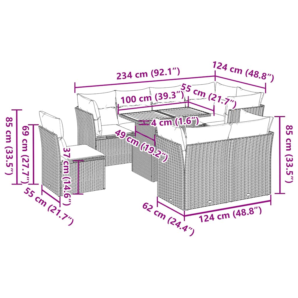 vidaXL 9-piece Lounge Set with Cushions Poly Rattan Grey