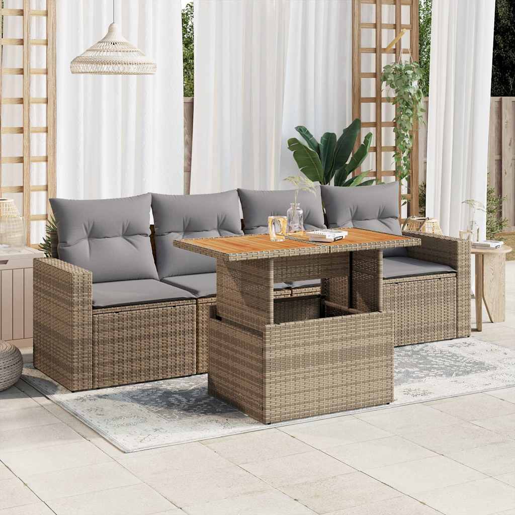 vidaXL 5-delige Loungeset met kussens poly rattan zwart