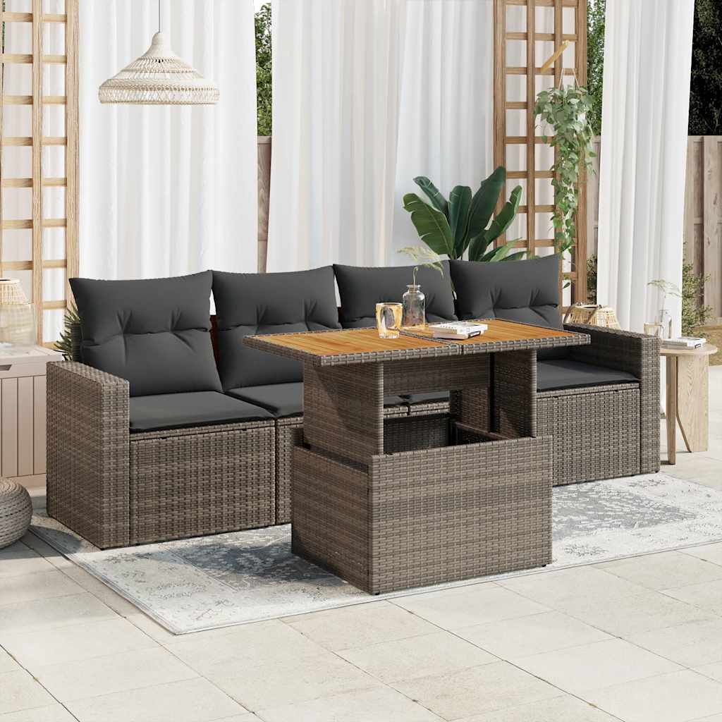 vidaXL 5-delige Loungeset met kussens poly rattan zwart