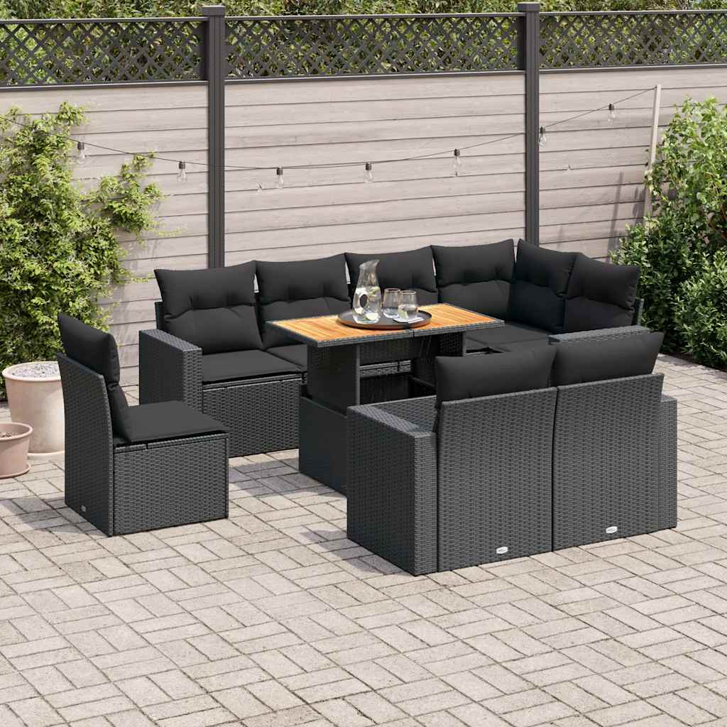 vidaXL 9-piece Poly Rattan Lounge Set with Cushions Black