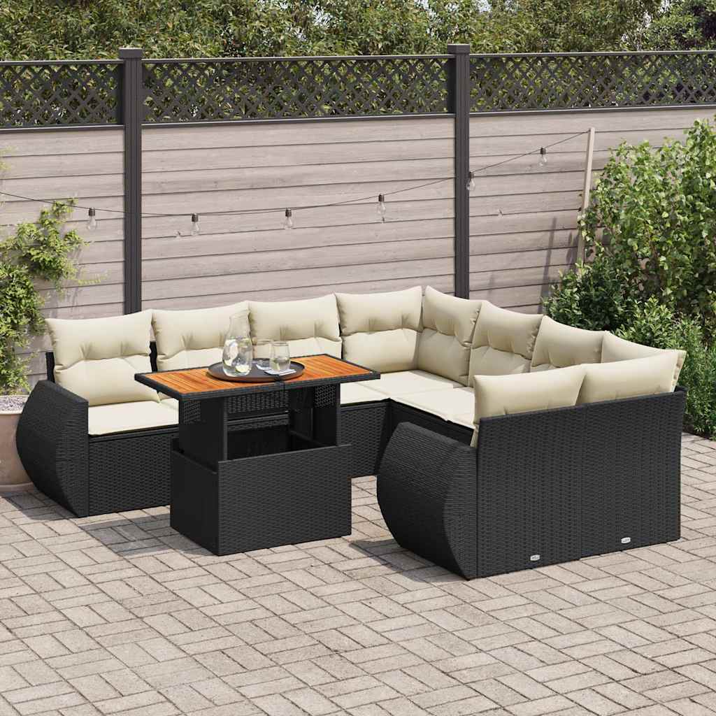 vidaXL 9-delige Loungeset met kussens poly rattan zwart