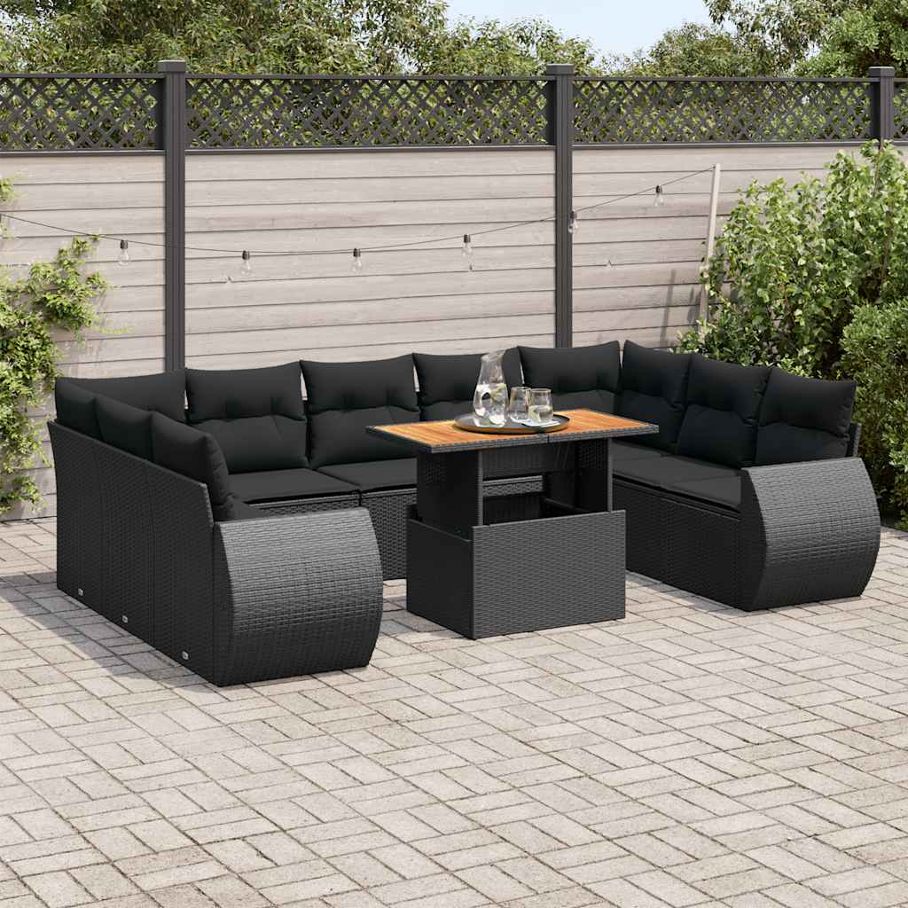 vidaXL 10-Piece Lounge Set with Cushions Poly Rattan Black