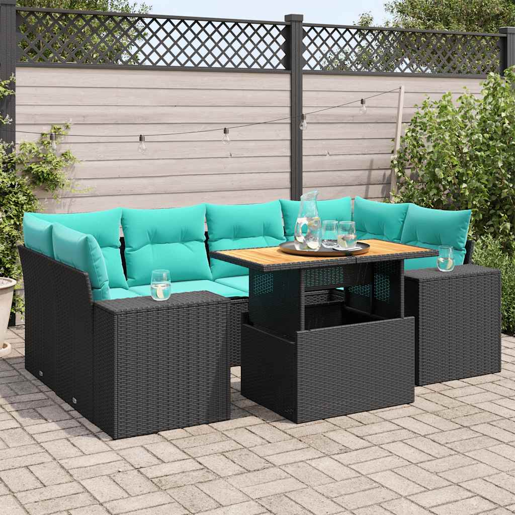 vidaXL 7-delige Loungeset met kussens poly rattan zwart