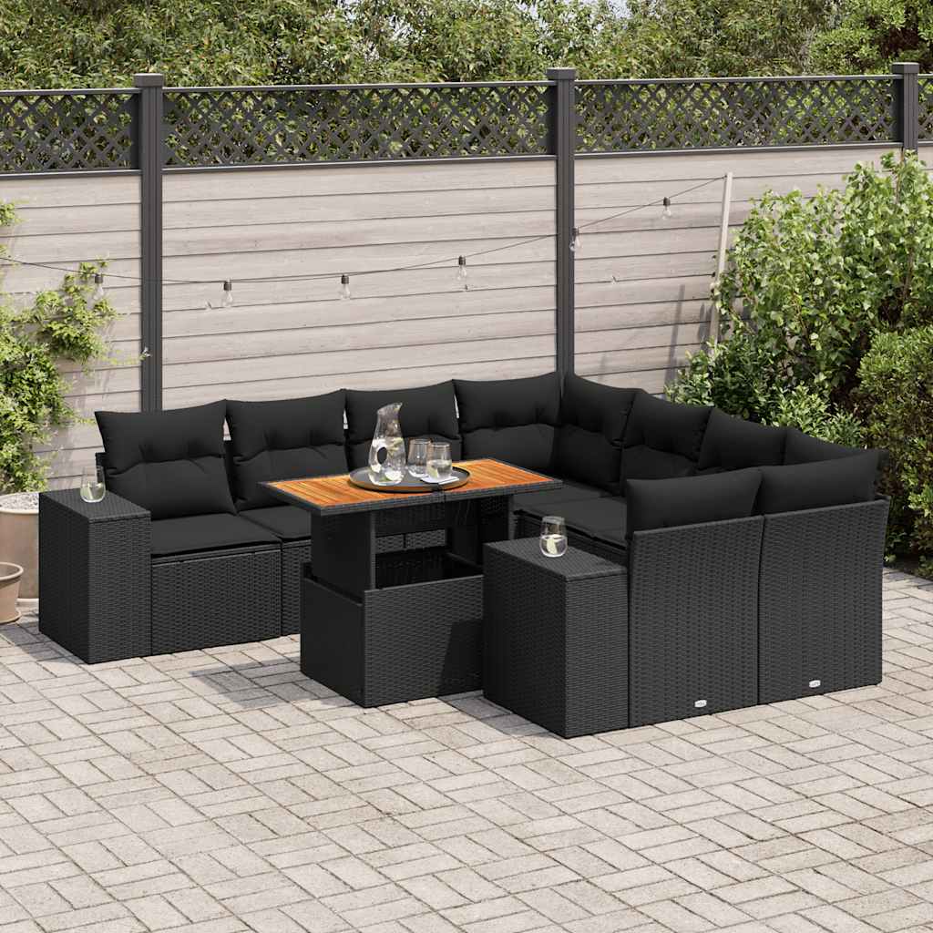 vidaXL 9-piece Poly Rattan Lounge Set with Cushions Black