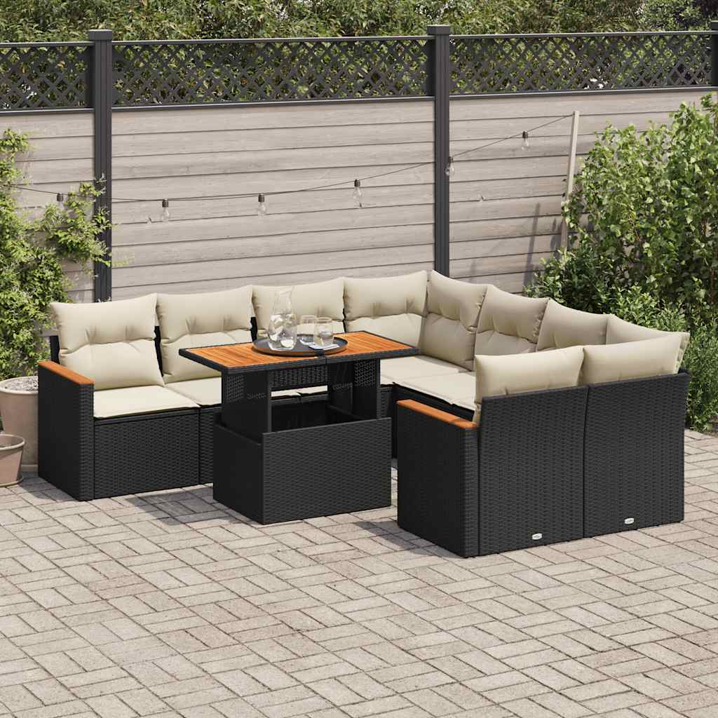 vidaXL 9-delige Loungeset met kussens poly rattan zwart