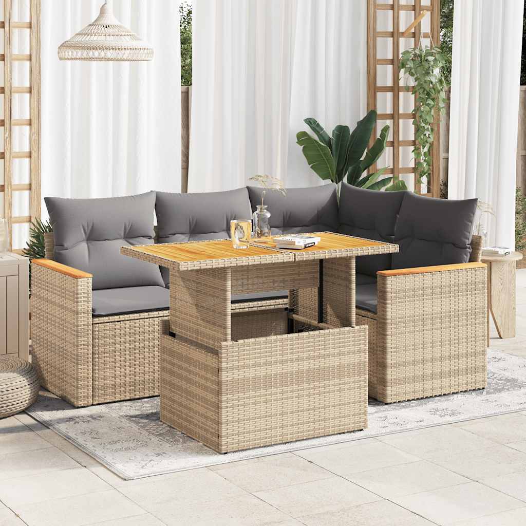 vidaXL 5-delige Loungeset met kussens poly rattan zwart