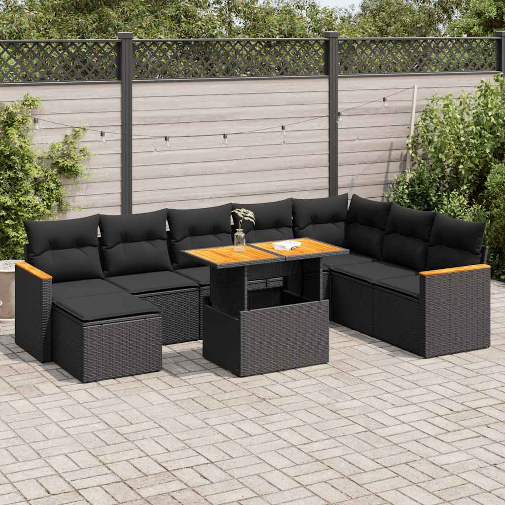 vidaXL 9-delige Loungeset met kussens poly rattan zwart