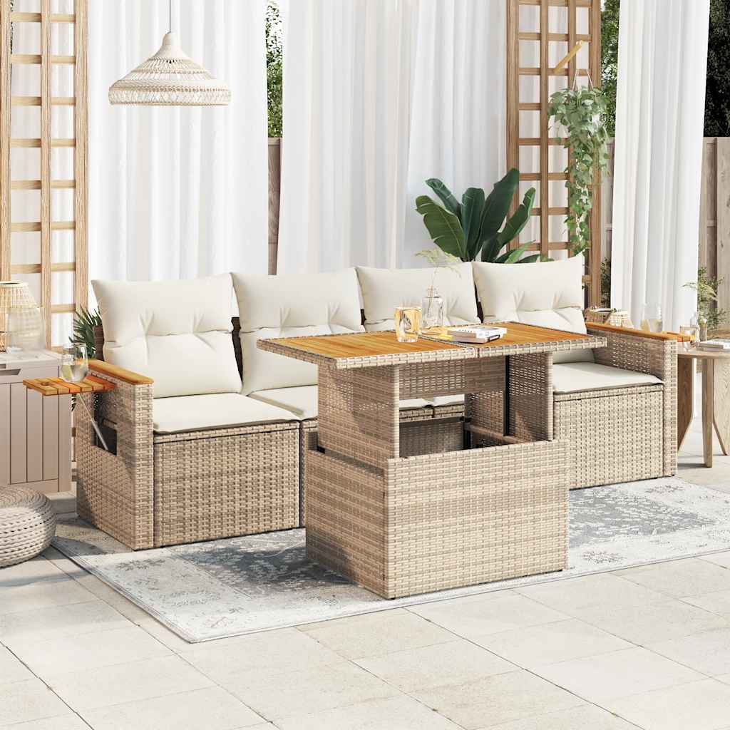vidaXL 5-delige Loungeset met kussens poly rattan zwart