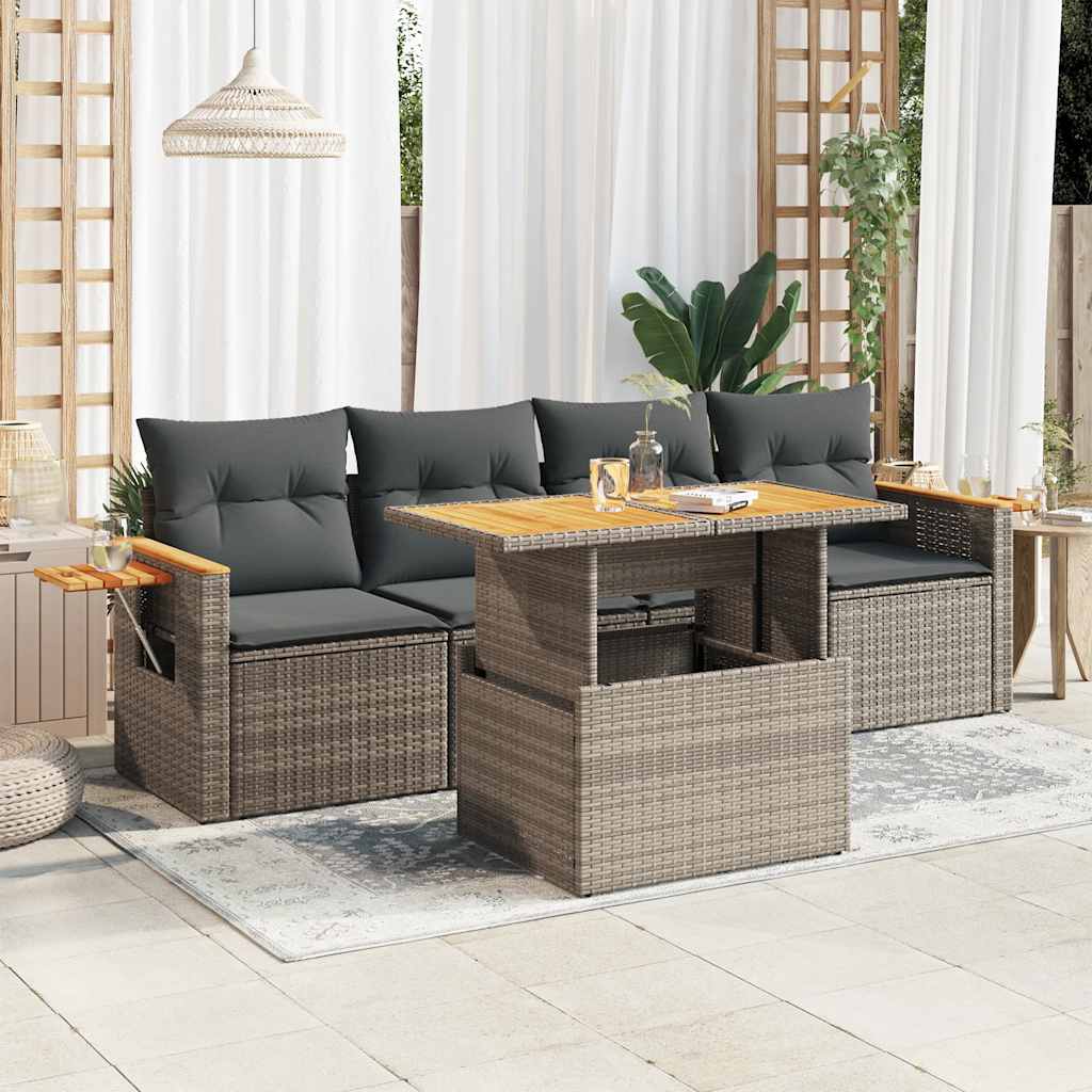 vidaXL 5-delige Loungeset met kussens poly rattan zwart