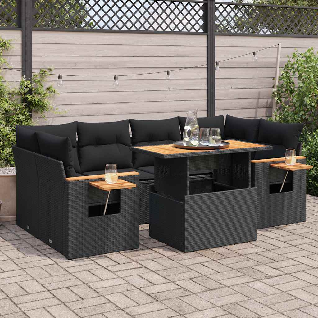 vidaXL 7-delige Loungeset met kussens poly rattan zwart