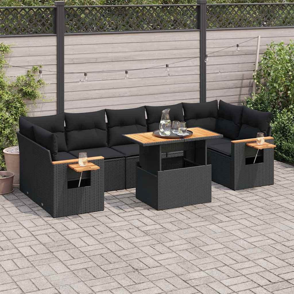 vidaXL 8-delige Loungeset met kussens poly rattan zwart
