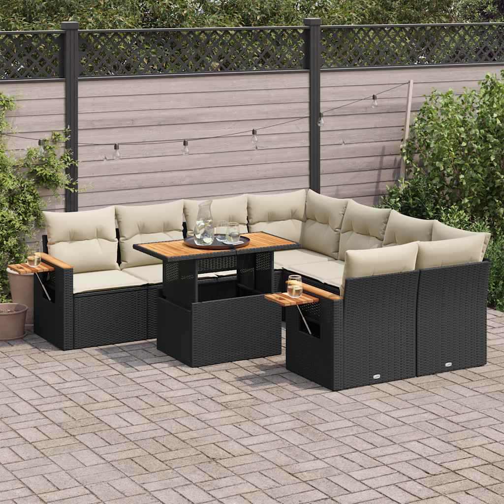 vidaXL 9-delige Loungeset met kussens poly rattan zwart