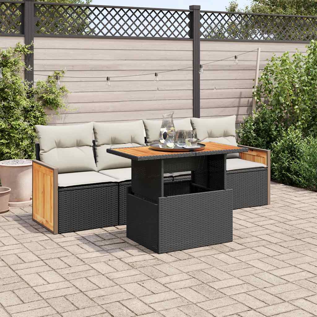vidaXL 5-delige Loungeset met kussens poly rattan zwart