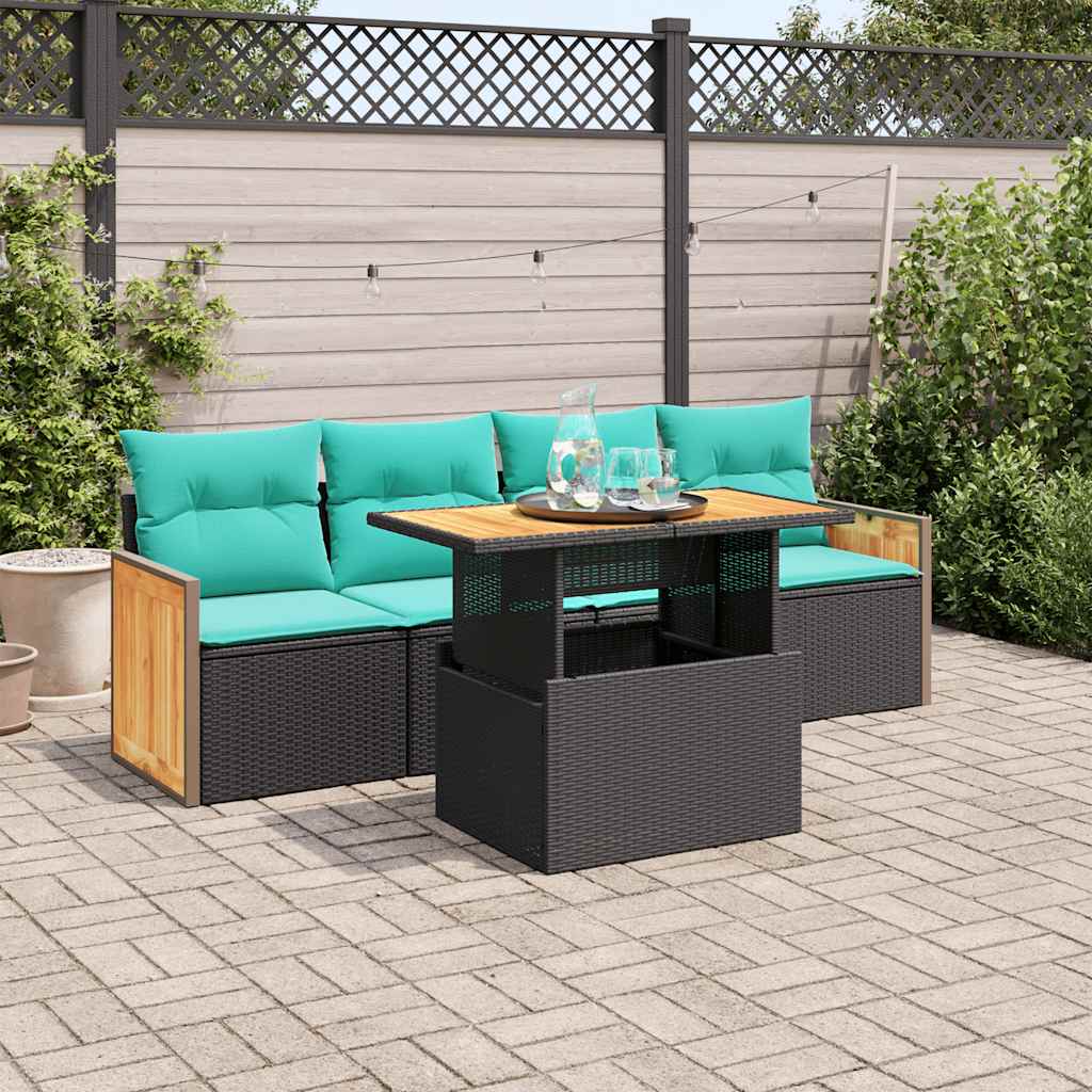 vidaXL 5-delige Loungeset met kussens poly rattan acacia zwart